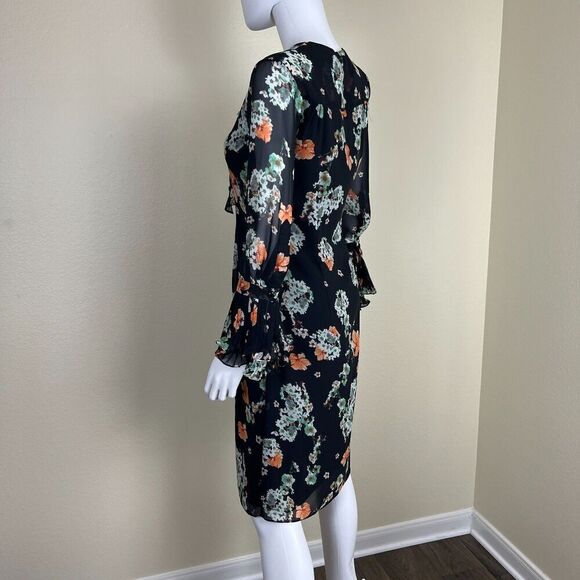 Mikael Aghal Women's Size 2 Floral Ruffle Pleated Sheer Dress Chiffon Victorian - Picture 10 of 13